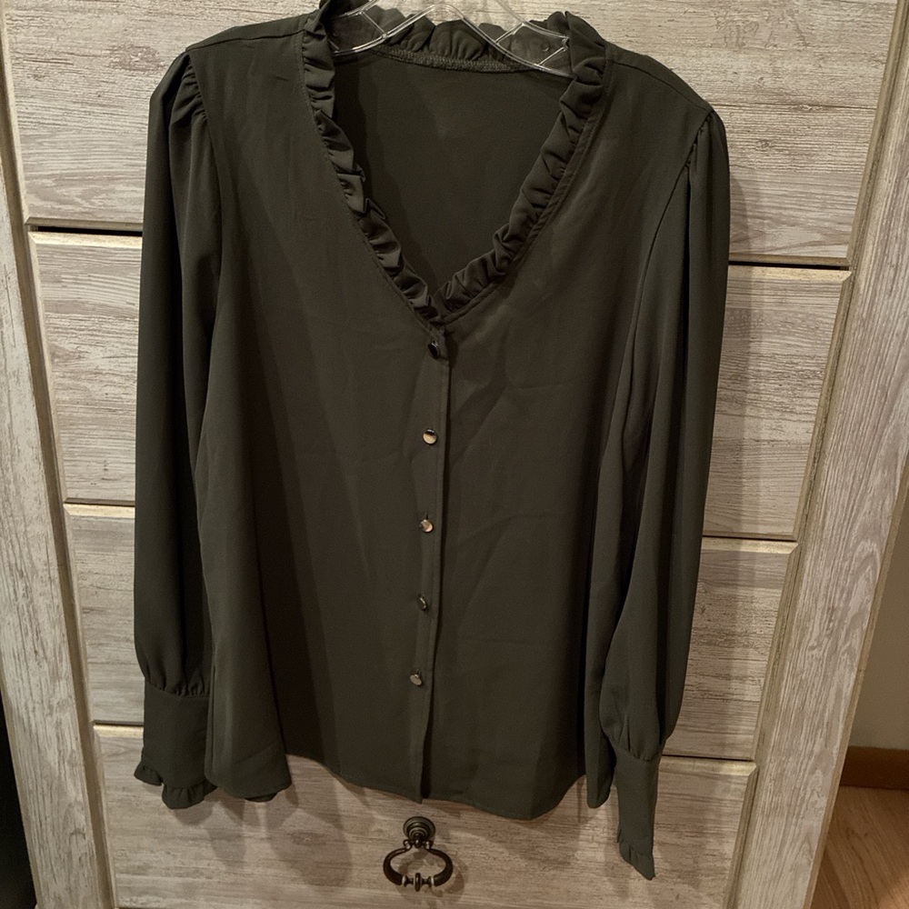 Elegant Olive Green Ruffle Blouse